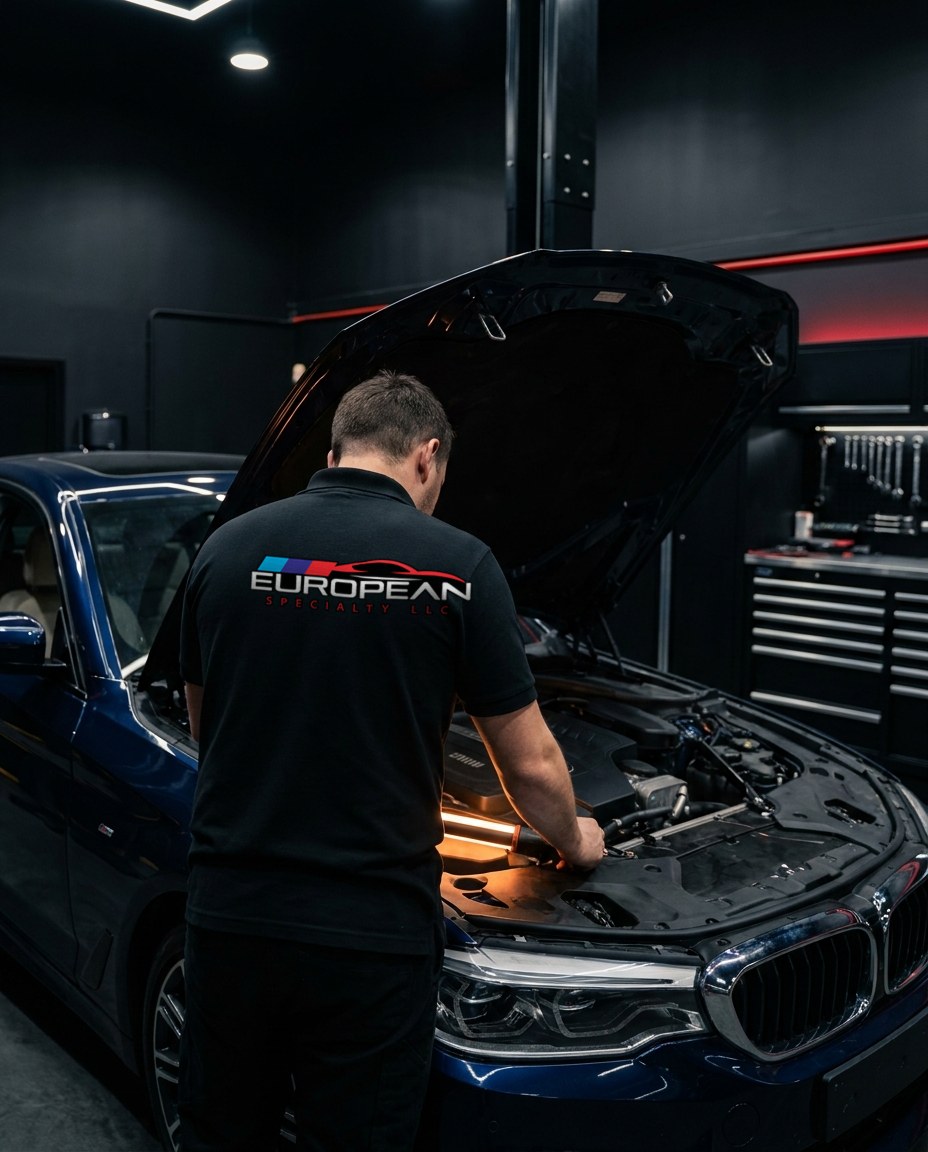 European Specialty mechanic working under the open hood of a BMW